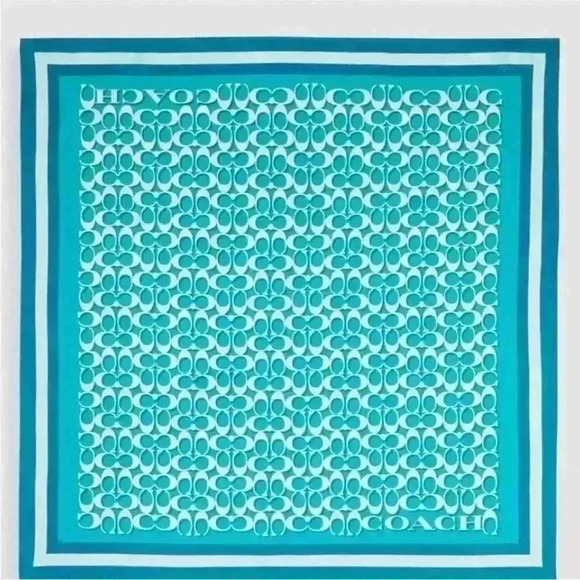 Coach Signature Print Silk Square Scarf in Bright Turquoise NWT - Picture 3 of 5